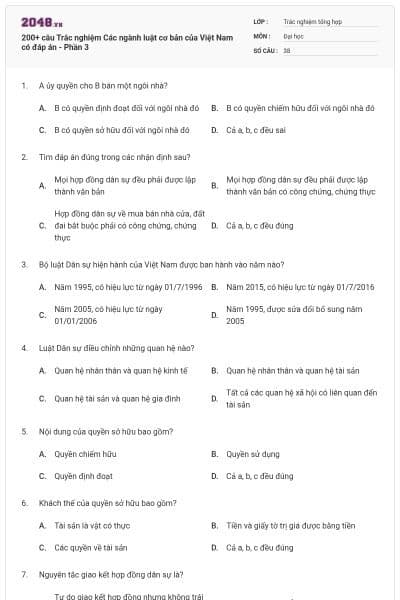 200+ câu Trắc nghiệm Các ngành luật cơ bản của Việt Nam có đáp án - Phần 3