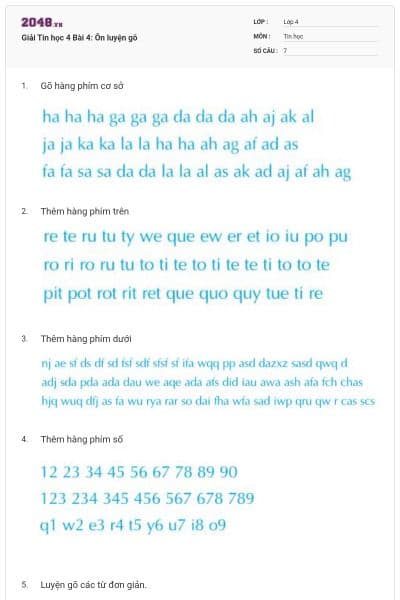 Giải Tin học 4 Bài 4: Ôn luyện gõ