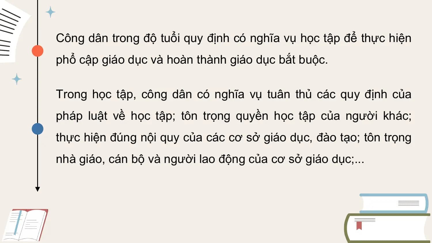 Công dân trong độ tuổi quy định có nghĩa vụ học tập để thực hiện
phổ cập giáo dục và hoàn thành giáo dục bắt buộc.

Trong học tập, công dân có nghĩa vụ tuân thủ các quy định của
pháp luật về học tập; tôn trọng quyền học tập của người khác;
thực hiện đúng nội quy của các cơ sở giáo dục, đào tạo; tôn trọng
nhà giáo, cán bộ và người lao động của cơ sở giáo dục;...
