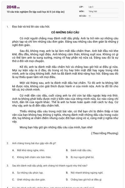 10 câu trắc nghiệm Ôn tập cuối học kì II (có đáp án)