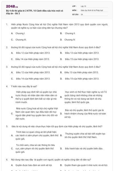 Bộ 4 đề thi giữa kì 2 KTPL 10 Cánh diều cấu trúc mới có đáp án - Đề 3