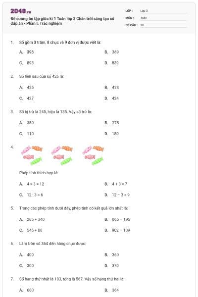 Đề cương ôn tập giữa kì 1 Toán lớp 3 Chân trời sáng tạo có đáp án - Phần I. Trắc nghiệm