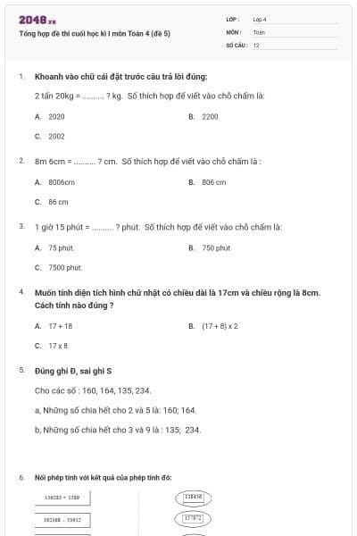 Tổng hợp đề thi cuối học kì I môn Toán 4 (đề 5)
