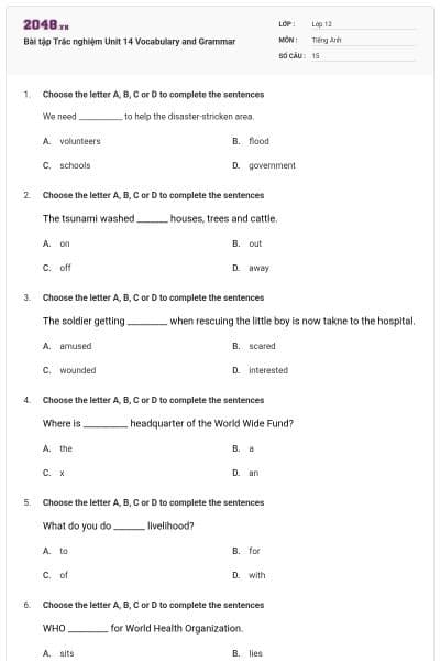 Bài tập Trắc nghiệm Unit 14 Vocabulary and Grammar