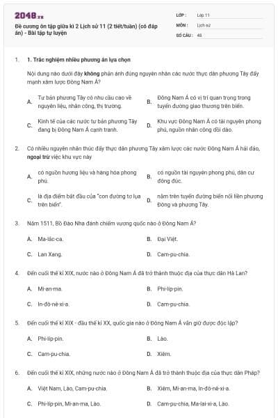 Đề cương ôn tập giữa kì 2 Lịch sử 11 (2 tiết/tuần) (có đáp án) - Bài tập tự luyện