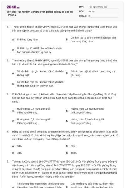 20+ câu Trắc nghiệm Công tác văn phòng cấp ủy có đáp án - Phần 2