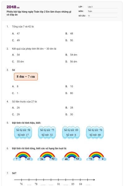 Phiếu bài tập hàng ngày Toán lớp 2 Em làm được những gì có đáp án
