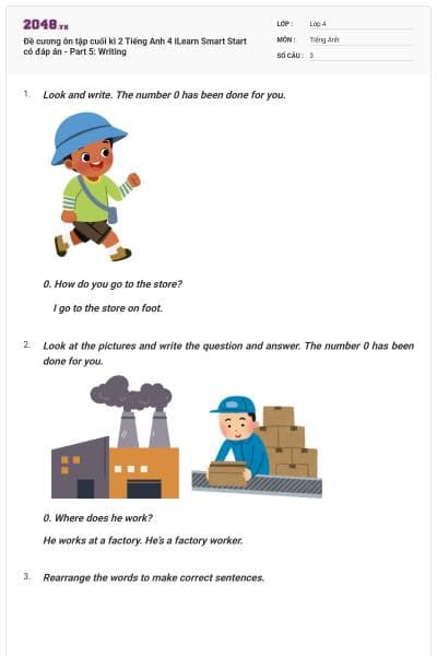 Đề cương ôn tập cuối kì 2 Tiếng Anh 4 iLearn Smart Start có đáp án - Part 5: Writing