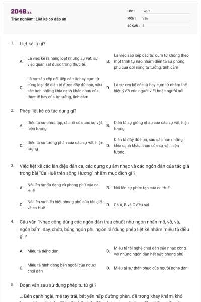 Trắc nghiệm: Liệt kê có đáp án