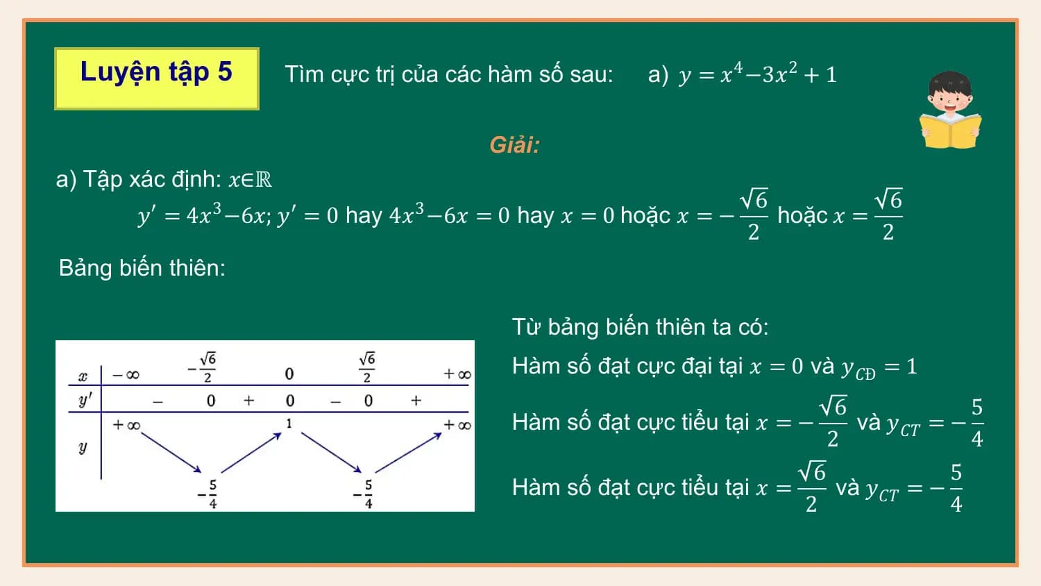 Luyện tập 5 Tìm cực trị của các hàm số sau: a) 𝑦 = 𝑥4 −3𝑥2 + 1

 Giải:
a) Tập xác định: 𝑥∈ℝ
 6 6
 𝑦′ = 4𝑥3 −6𝑥; 𝑦′ = 0 hay 4𝑥3 −6𝑥 = 0 hay 𝑥 = 0 hoặc 𝑥 = − hoặc 𝑥 =
 2 2
Bảng biến thiên:

 Từ bảng biến thiên ta có:
 Hàm số đạt cực đại tại 𝑥 = 0 và 𝑦𝐶Đ = 1
 6 5
 Hàm số đạt cực tiểu tại 𝑥 = − và 𝑦𝐶𝑇 = −
 2 4
 6 5
 Hàm số đạt cực tiểu tại 𝑥 = và 𝑦𝐶𝑇 = −
 2 4