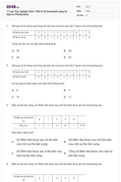 17 câu Trắc nghiệm Toán 7 Bài 4: Số trung bình cộng có đáp án (Thông hiểu)