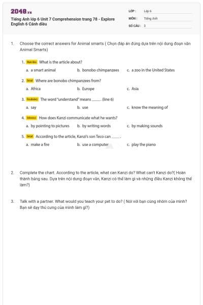 Tiếng Anh lớp 6 Unit 7 Comprehension trang 78 - Explore English 6 Cánh diều