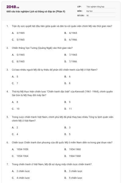 660 câu trắc nghiệm Lịch sử Đảng có đáp án (Phần 9)