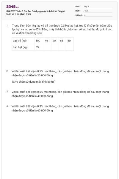 Giải VBT Toán 5 Bài 84: Sử dụng máy tính bỏ túi để giải toán về tỉ số phần trăm
