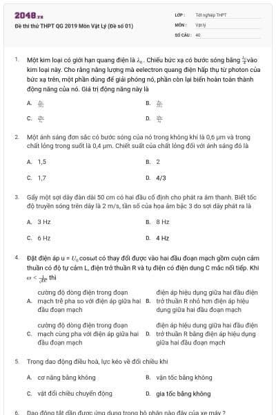 Đề thi thử THPT QG 2019 Môn Vật Lý (Đề số 01)