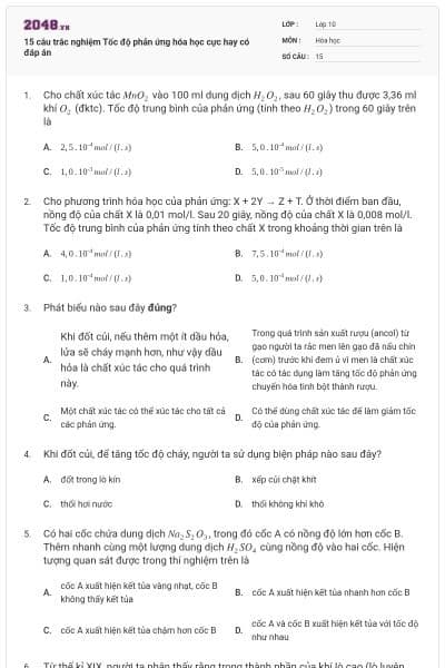 15 câu trắc nghiệm Tốc độ phản ứng hóa học cực hay có đáp án