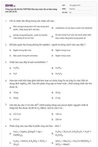 Tổng hợp đề thi thử THPTQG Hóa học mức độ cơ bản nâng cao (đề số 8)