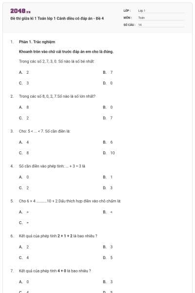 Đề thi giữa kì 1 Toán lớp 1 Cánh diều có đáp án - Đề 4