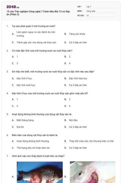 15 câu Trắc nghiệm Công nghệ 7 Cánh diều Bài 13 có đáp án (Phần 2)