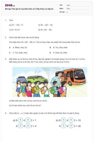 Bài tập Tính giá trị của biểu thức số (Tiếp theo) có đáp án