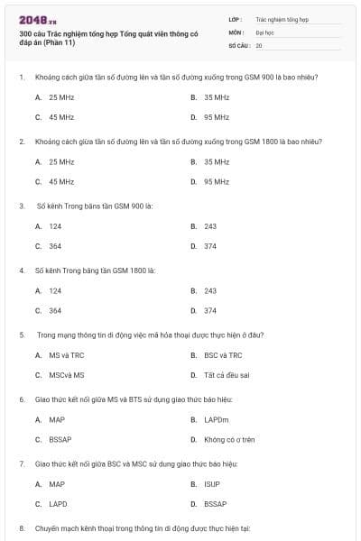 300 câu Trắc nghiệm tổng hợp Tổng quát viễn thông có đáp án (Phần 11)