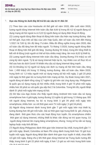 Đề thi Đánh giá tư duy Đại học Bách khoa Hà Nội năm 2026 có đáp án (Đề 05)