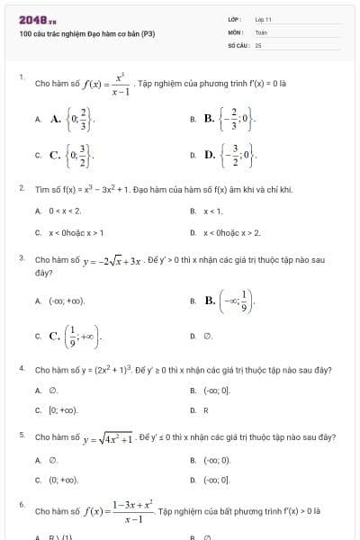 100 câu trắc nghiệm Đạo hàm cơ bản (P3)