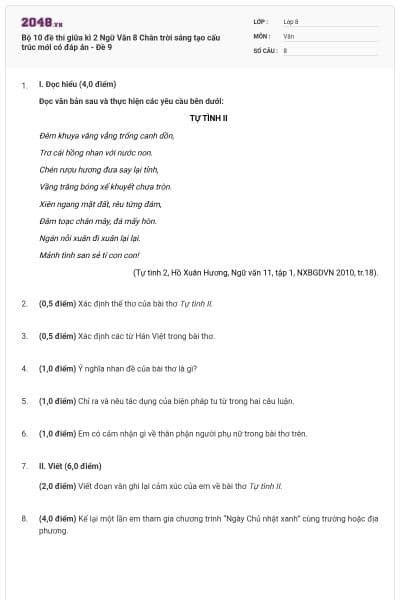 Bộ 10 đề thi giữa kì 2 Ngữ Văn 8 Chân trời sáng tạo cấu trúc mới có đáp án - Đề 9