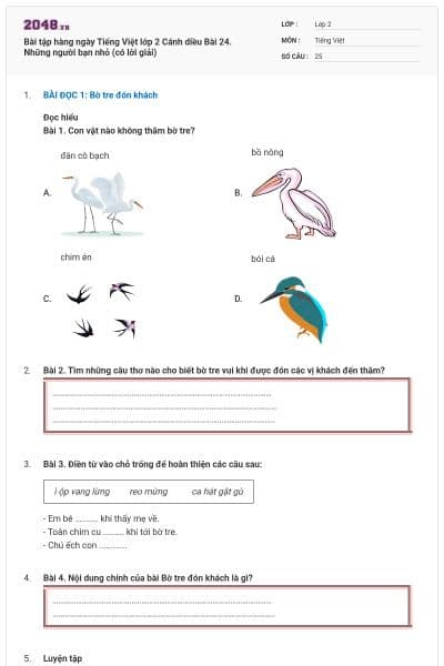 Bài tập hàng ngày Tiếng Việt lớp 2 Cánh diều Bài 24. Những người bạn nhỏ (có lời giải)