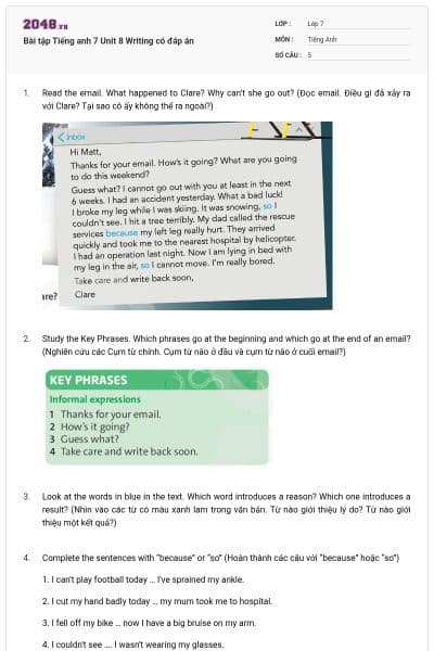 Bài tập Tiếng anh 7 Unit 8 Writing có đáp án