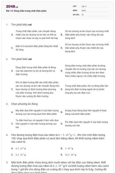 Bài 14: Dòng điện trong chất điện phân