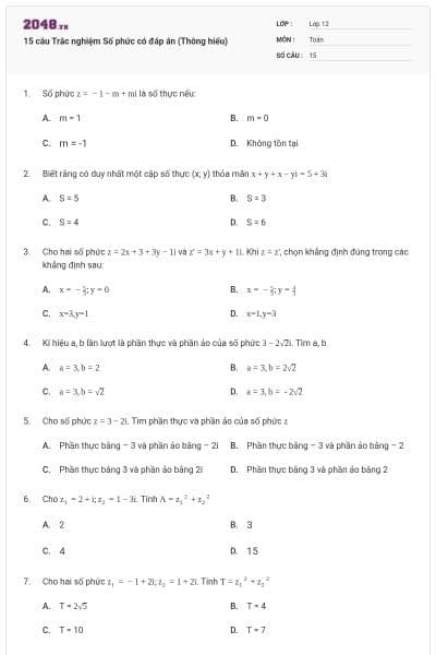 15 câu Trắc nghiệm Số phức có đáp án (Thông hiểu)