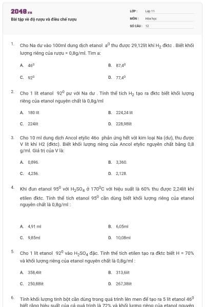 Bài tập về độ rượu và điều chế rượu