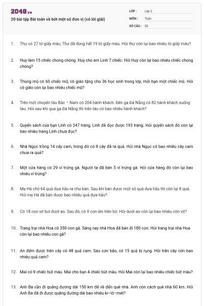 20 bài tập Bài toán về bớt một số đơn vị (có lời giải)