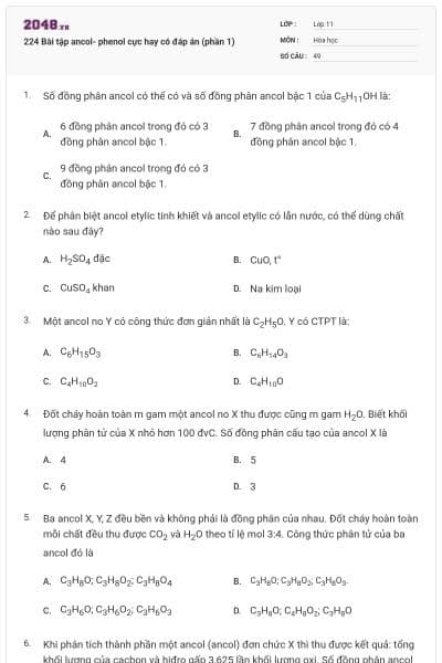 224 Bài tập ancol- phenol cực hay có đáp án (phần 1)