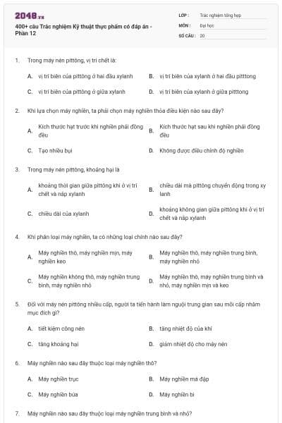 400+ câu Trắc nghiệm Kỹ thuật thực phẩm có đáp án - Phần 12