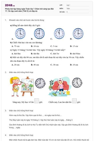 Phiếu bài tập hàng ngày Toán lớp 1 Chân trời sáng tạo Bài 17. Ôn tập cuối năm (Tiết 5) có đáp án
