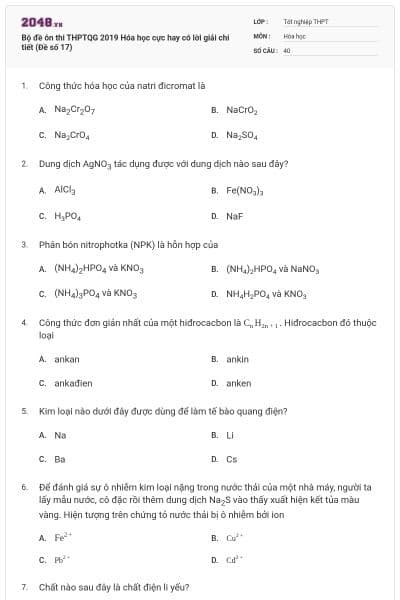Bộ đề ôn thi THPTQG 2019 Hóa học cực hay có lời giải chi tiết (Đề số 17)