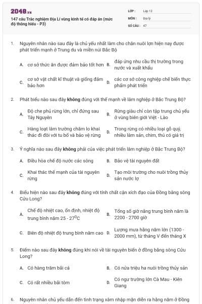 147 câu Trắc nghiệm Địa Lí vùng kinh tế có đáp án (mức độ thông hiểu - P3)