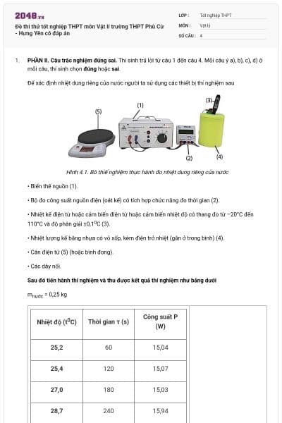 Đề thi thử tốt nghiệp THPT môn Vật lí trường THPT Phù Cừ - Hưng Yên có đáp án