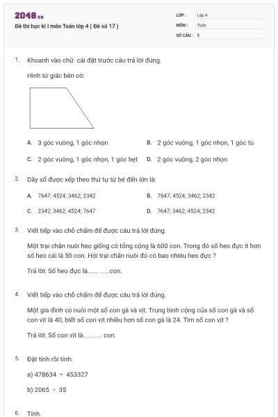 Đề thi học kì I môn Toán lớp 4 ( Đề số 17 )