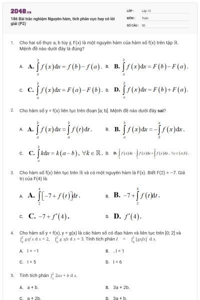 186 Bài trắc nghiệm Nguyên hàm, tích phân cực hay có lời giải (P2)