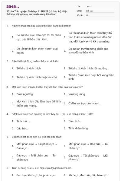 33 câu  Trắc nghệm Sinh học 11 Bài 29 (có đáp án): Điện thế hoạt động và sự lan truyền xung thần kinh