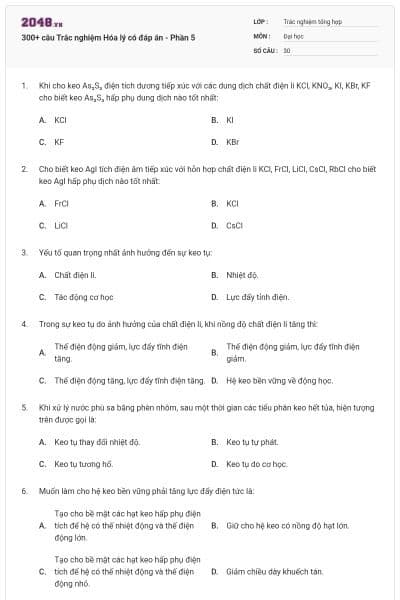 300+ câu Trắc nghiệm Hóa lý có đáp án - Phần 5