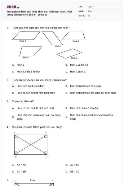 Trắc nghiệm Hình chữ nhật. Hình thoi hình bình hành. Hình thang cân lớp 6 (có đáp án - phần 2)