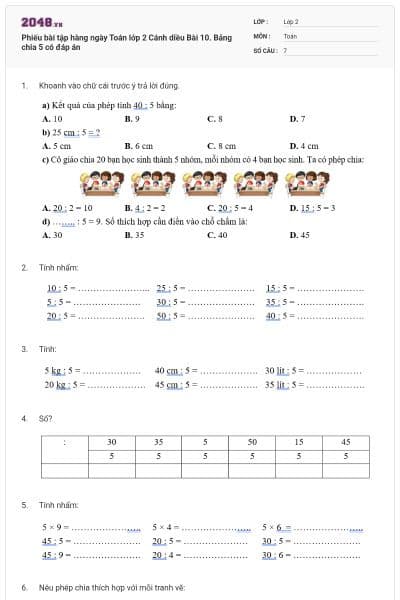 Phiếu bài tập hàng ngày Toán lớp 2 Cánh diều Bài 10. Bảng chia 5 có đáp án