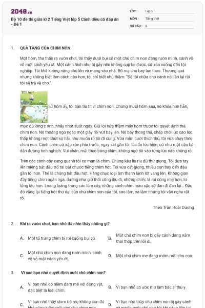 Bộ 10 đề thi giữa kì 2 Tiếng Việt lớp 5 Cánh diều có đáp án - Đê 1