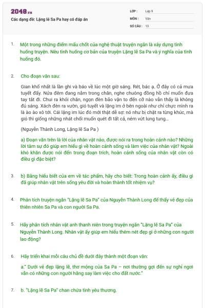 Các dạng đề: Lặng lẽ Sa Pa hay có đáp án