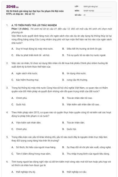 Đề thi Đánh giá năng lực Đại học Sư phạm Hà Nội môn KTPL có đáp án - Đề số 13