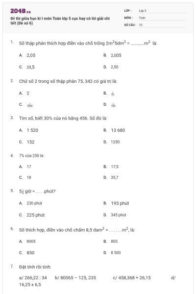 Đề thi giữa học kì I môn Toán lớp 5 cực hay có lời giải chi tiết (Đề số 6)